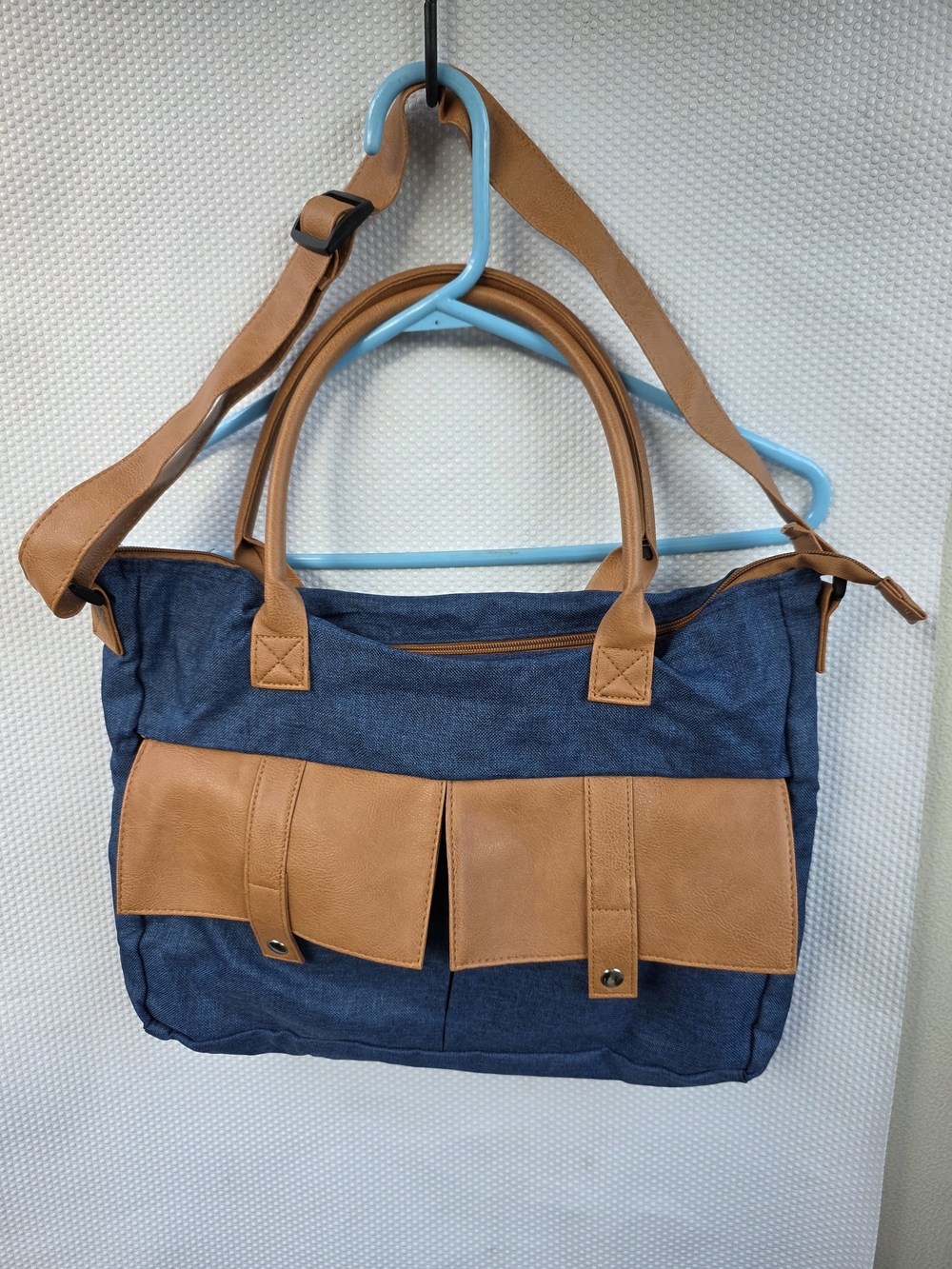 Navy Canvas and Tan Faux-Leather Shoulder Tote